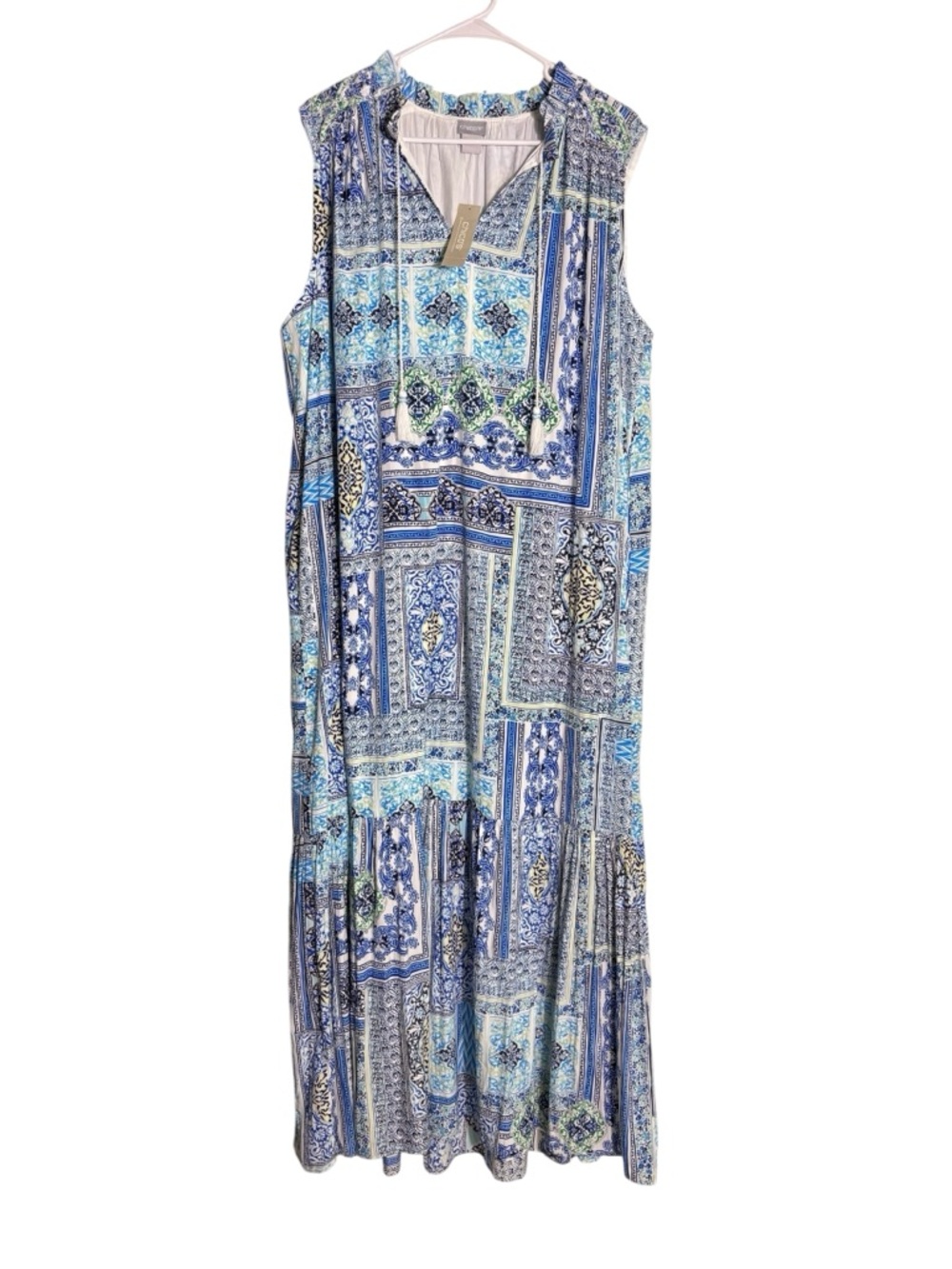 NWT Chico’s Tile Print Maxi Dress Blue White Boho Sleeveless Tassel Neck XL